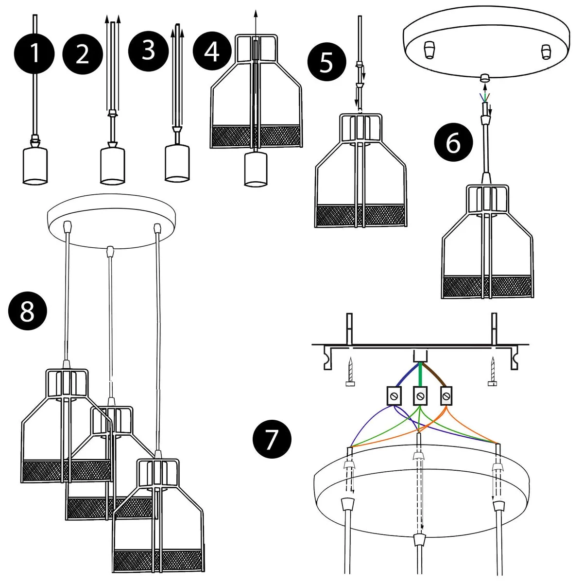 Black metal and PVC 3‑head E27 ceiling pendant with 90 cm cable and caged shades.