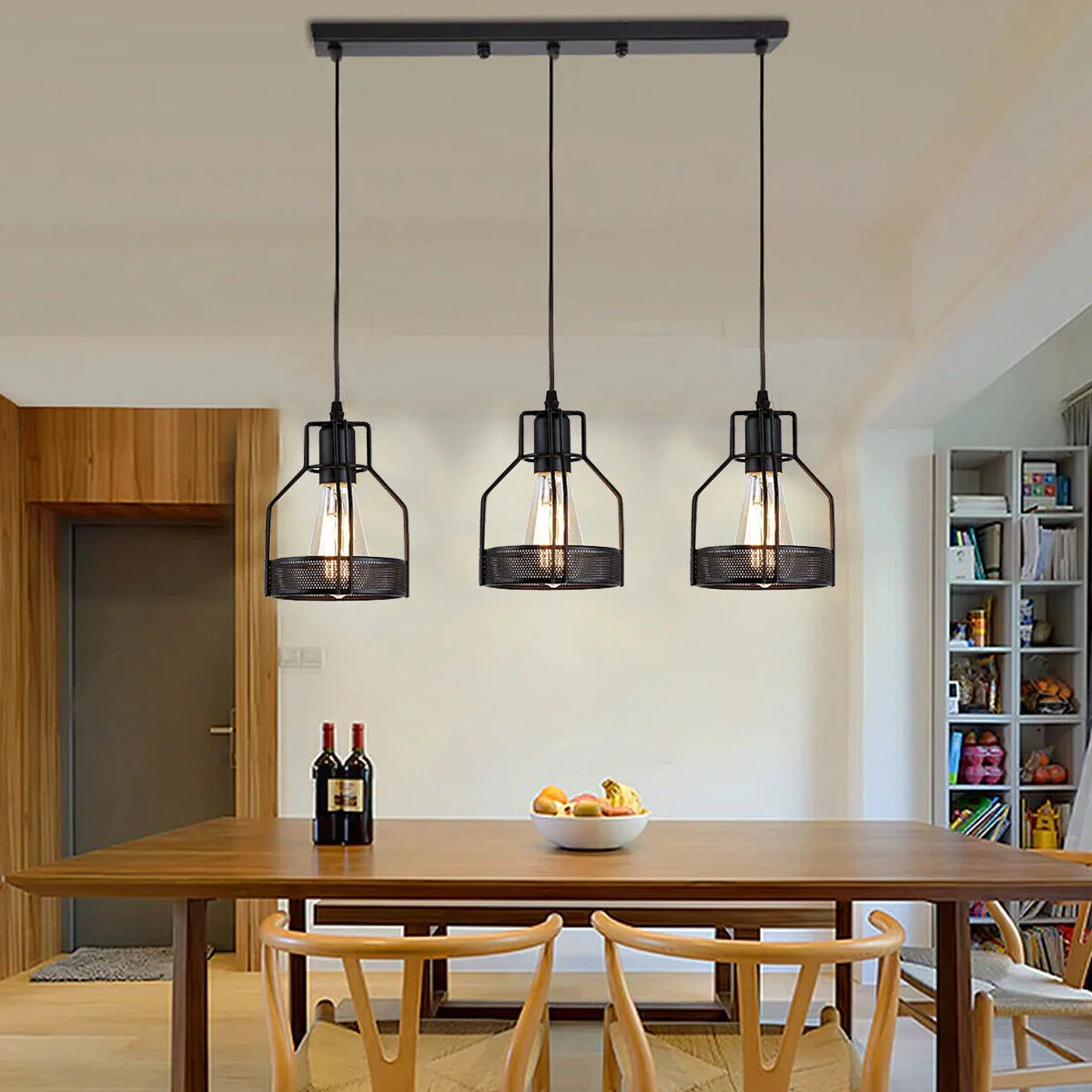 Black metal cage light shade pendant lamp with three E27 holders and 90cm PVC cable.