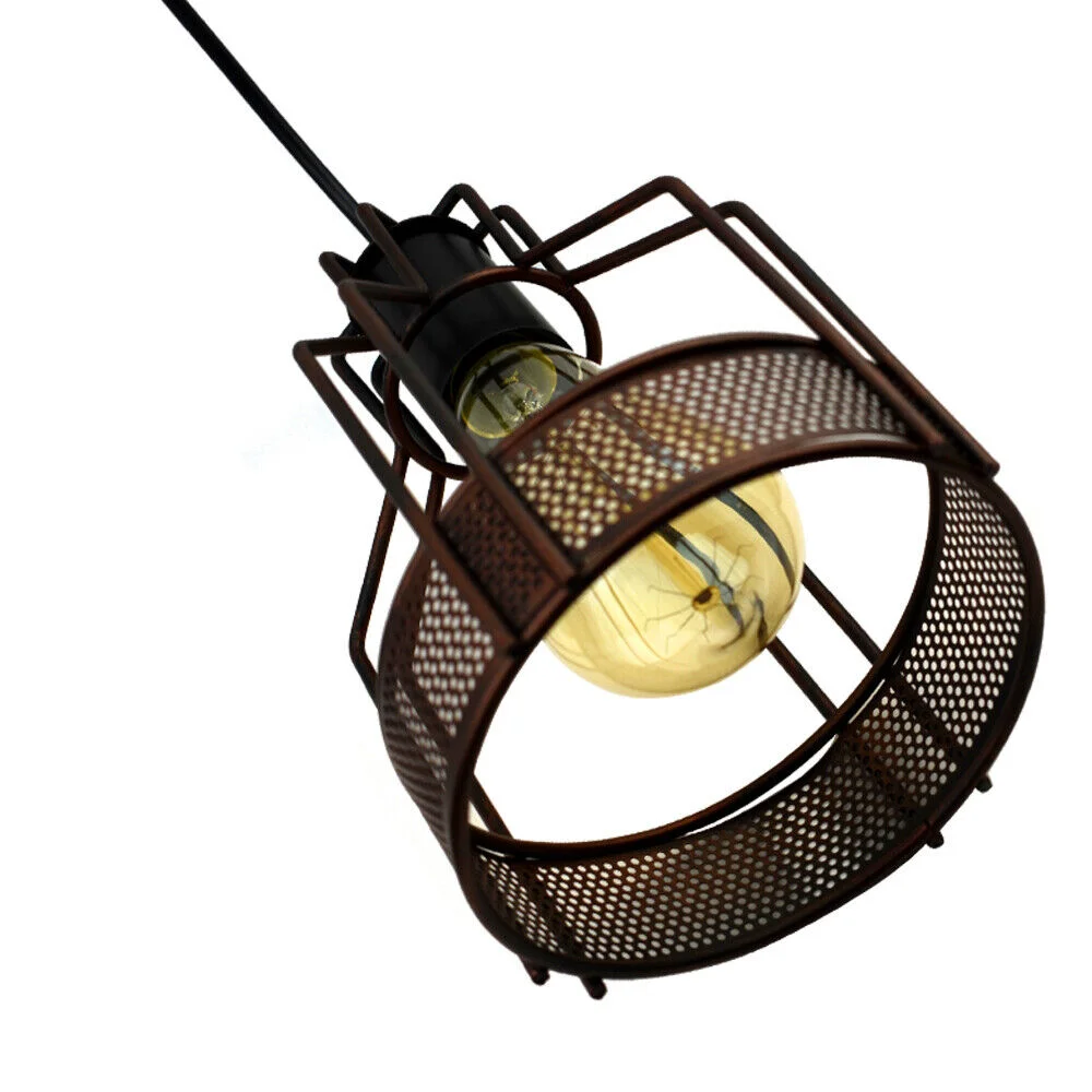 Black metal pendant light shade with three caged lamps, hanging from 90cm PVC cable for ceiling installation.