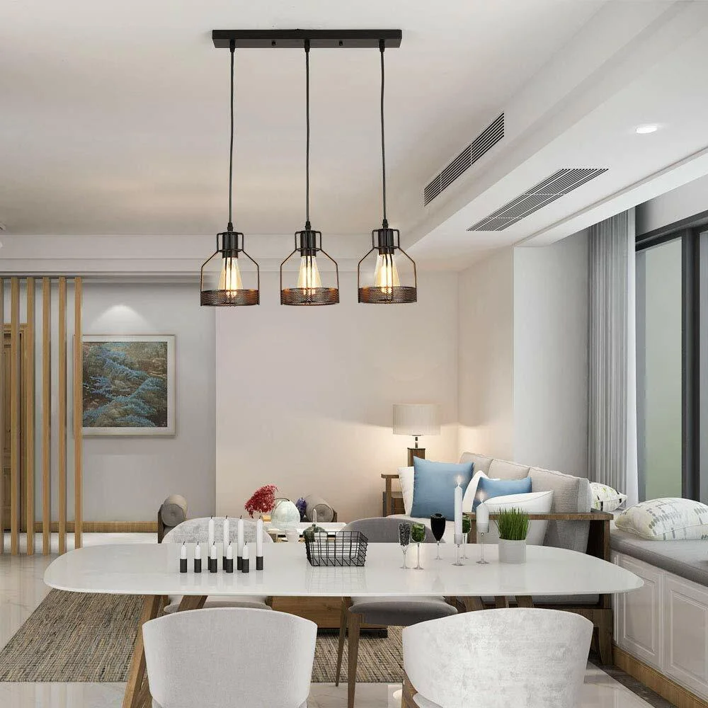 Black metal pendant light shade with three light holders, cages, and long PVC cable.