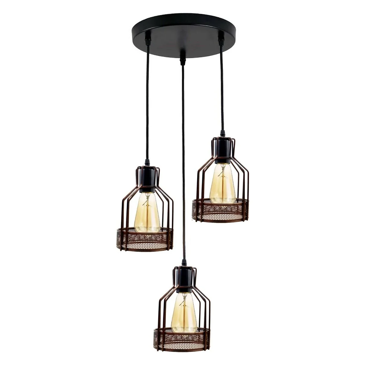 Black metal pendant light shade with three caged heads hanging from a PVC cable