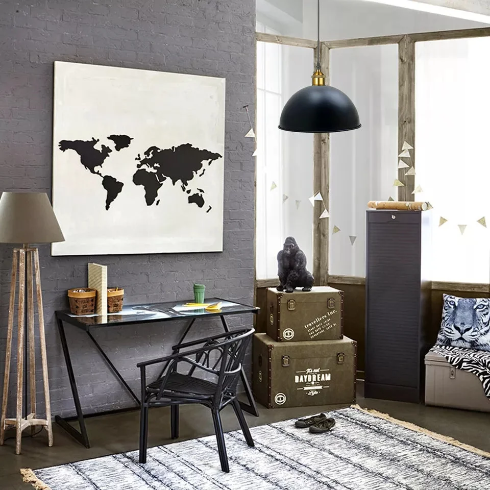 Black metal pendant light with dome‑shaped shade hanging from ceiling, adjustable 95 cm cable, rustic vintage industrial style.