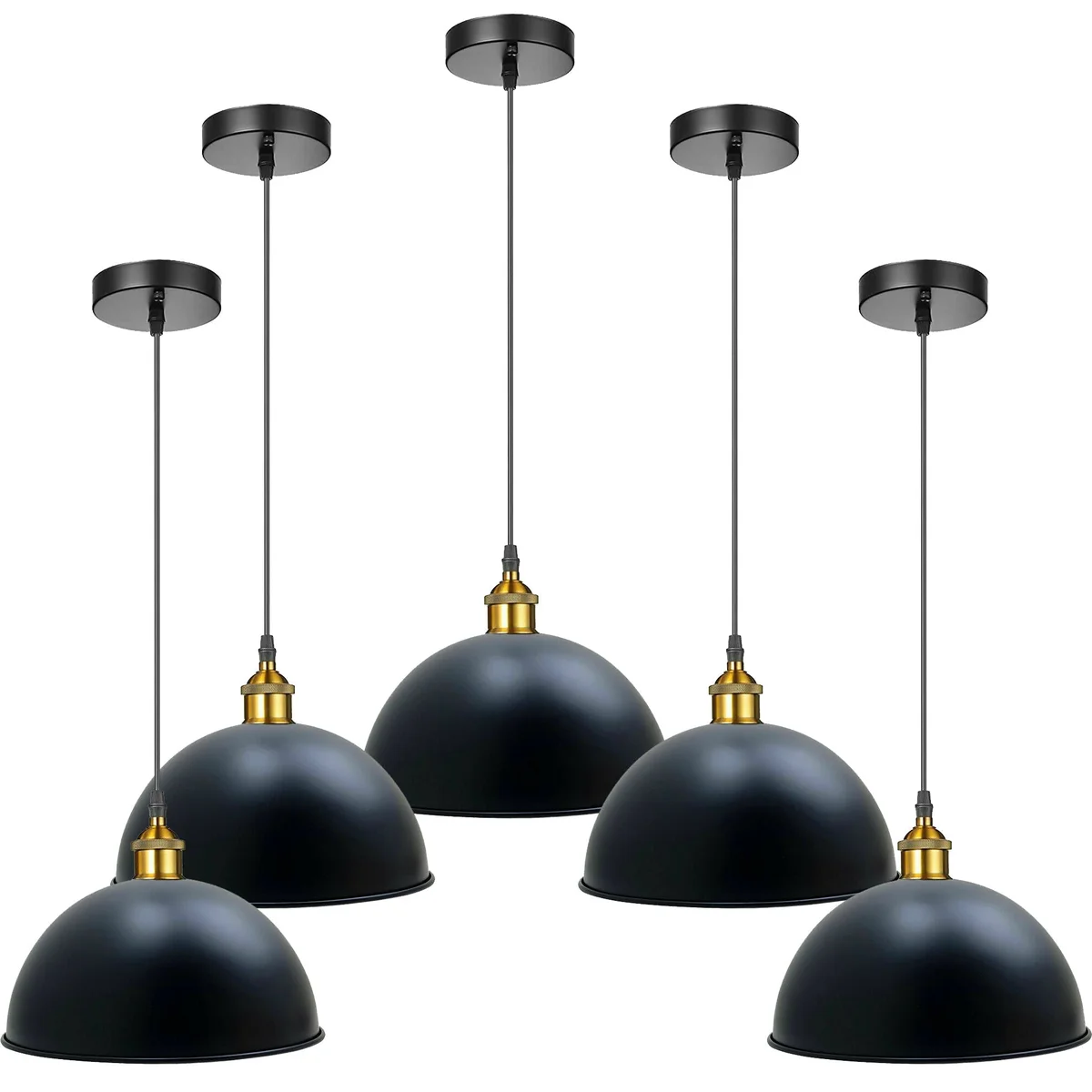 Adjustable hanging light: black metal pendant with dome shade, hanging on 95cm cable, vintage industrial style.