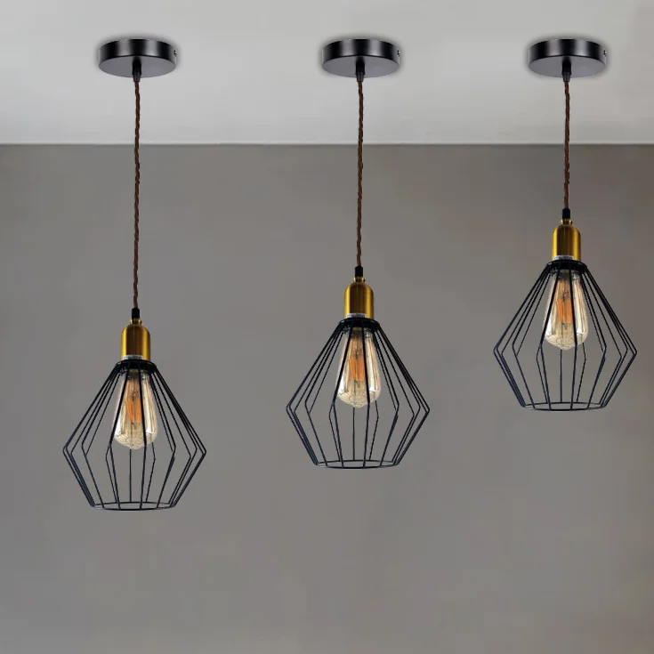 Vintage ceiling pendant light with metal cage, 20 cm fabric shade, E27 base, adjustable 95 cm cord, finished in matte style.