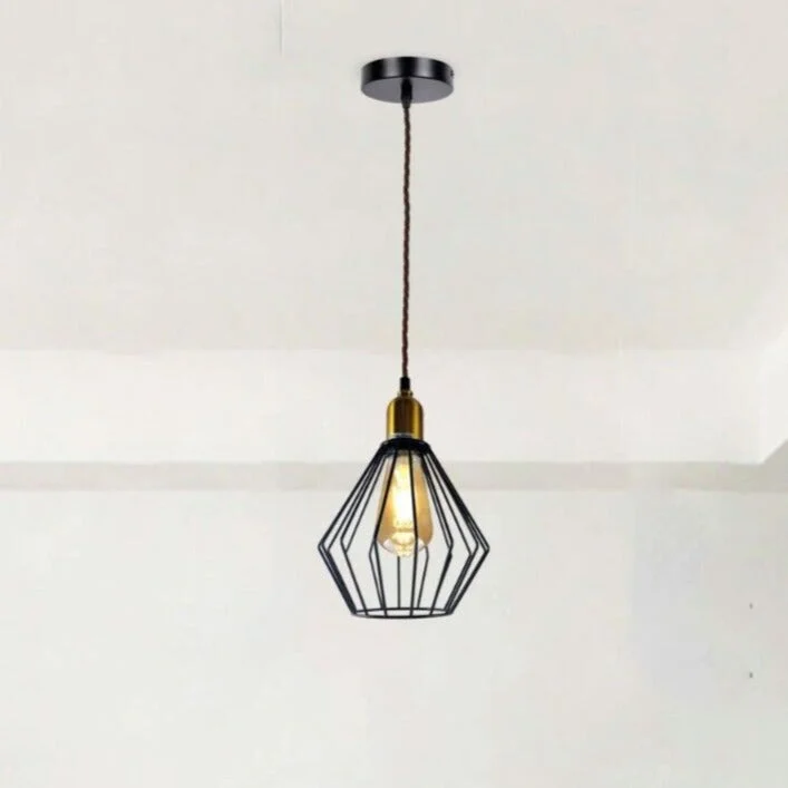 Vintage E27 ceiling light with metal wire cage and 20cm woven shade, hanging from adjustable 95cm cable.