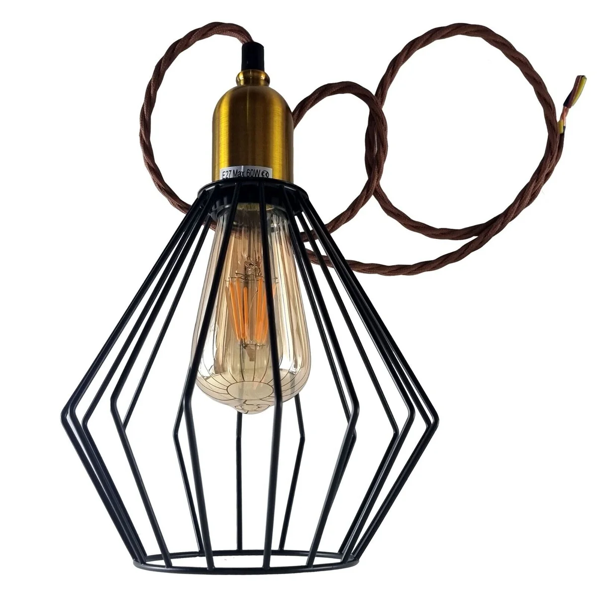 Vintage ceiling pendant light with metal cage frame and fabric shade, showing 20 cm diameter shade and E27 holder on 95 cm adjustable cable