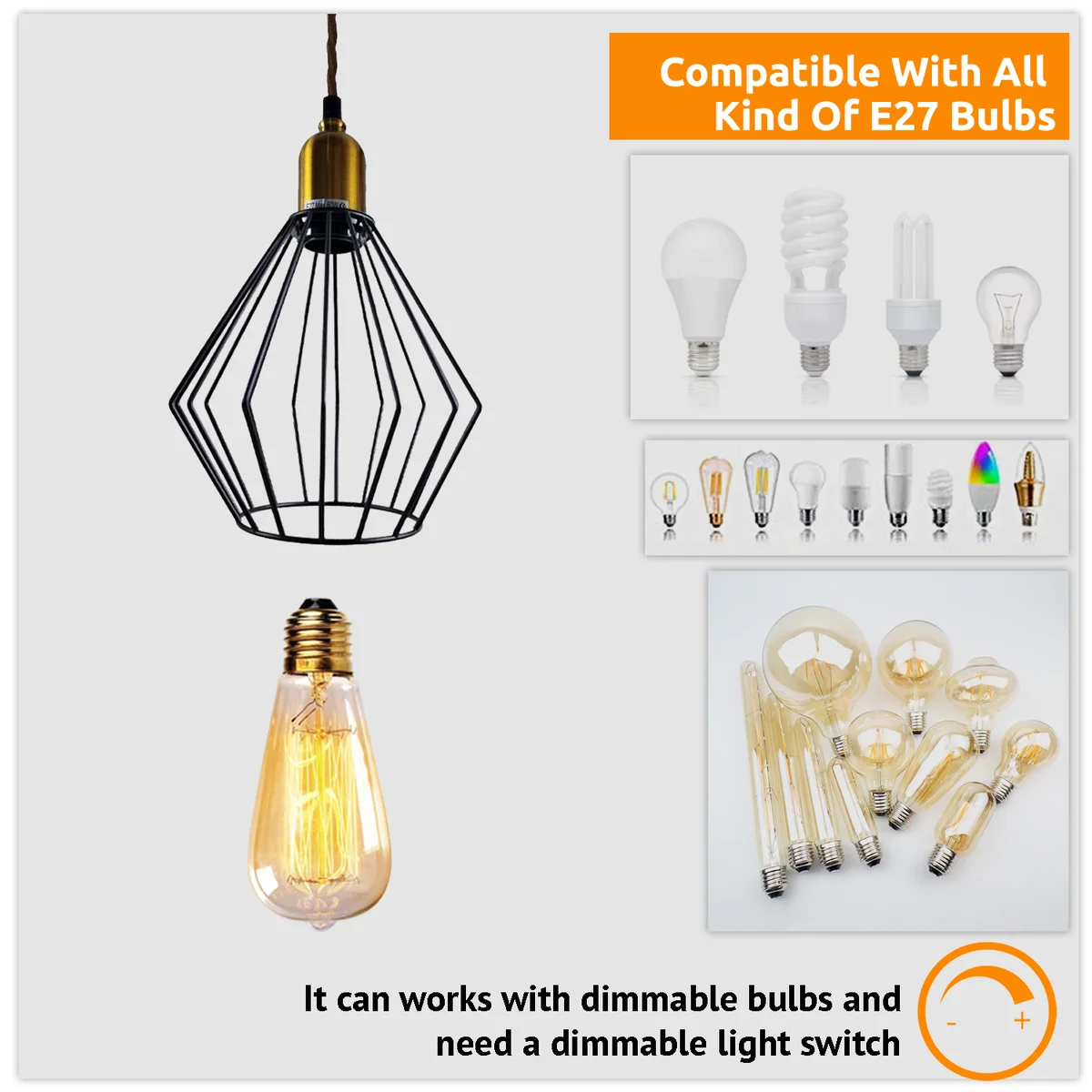 Vintage ceiling pendant light featuring metal cage and fabric shade, 20 cm high, E27 holder and dimmable LED.