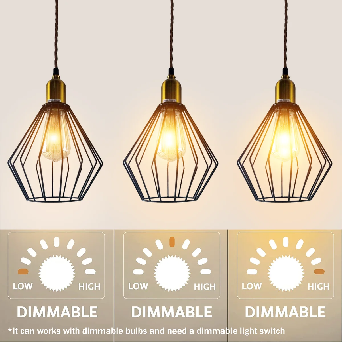 Vintage ceiling pendant light with square metal/fabric shade and adjustable 95cm cord, E27 holder, stylish retro style