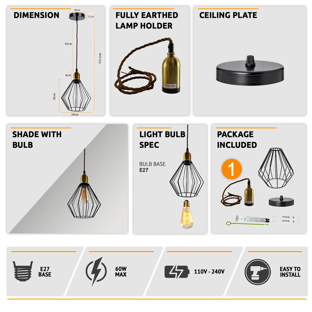 Vintage ceiling pendant light with wire cage and fabric shade, metal base, 20cm square shade.