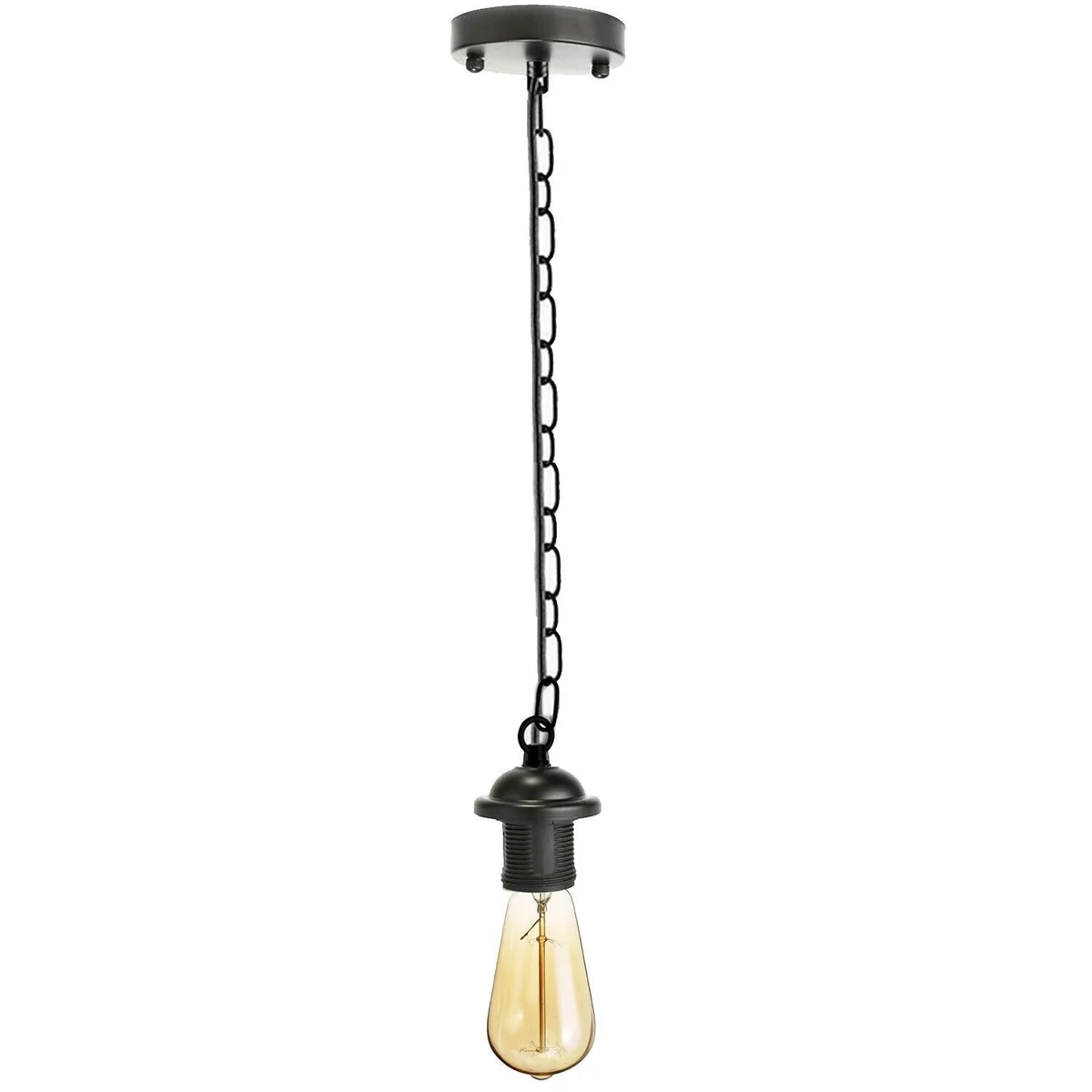 Black metal pendant light fitting with a brass chain and PVC wire, hanging from a 95mm threaded plate.