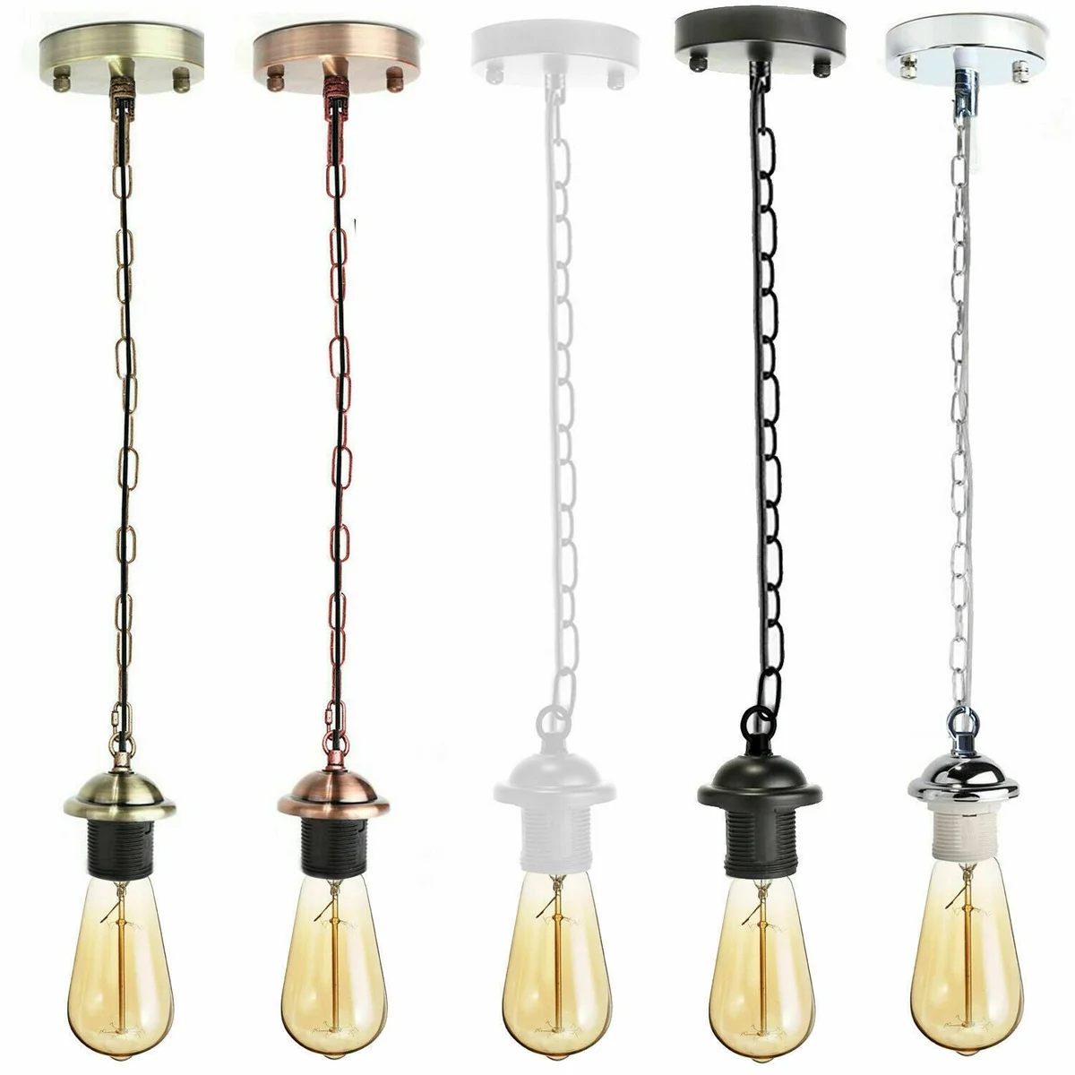 Metal pendant light with E27 base, 85cm chain, PVC wire, available in black, green, white, brass, brushed silver or copper.
