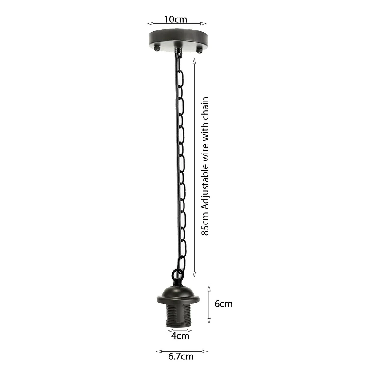 Hanging chain lamp holder with E27 base, metal body and PVC wire, available in black, white, green, brass, brushed silver, brushed copper.