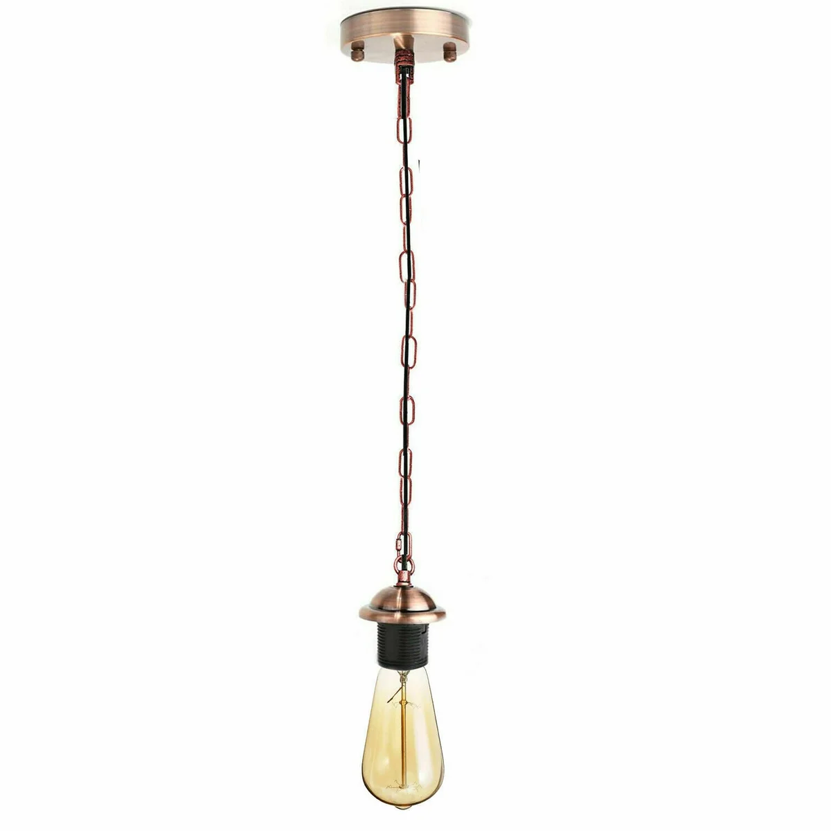 E27 pendant lamp holder in brushed copper finish, metal base with PVC wire and hanging chain, 85 cm length, black or white options.