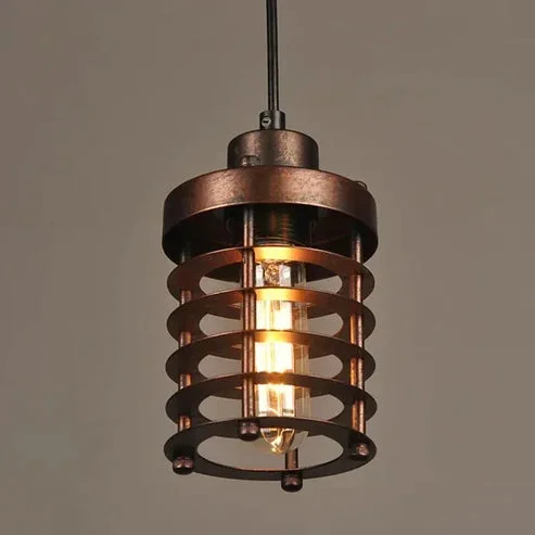 Rustic red cage pendant light, vintage retro pendant light with metallic base and 95 cm adjustable cable, hanging indoors.