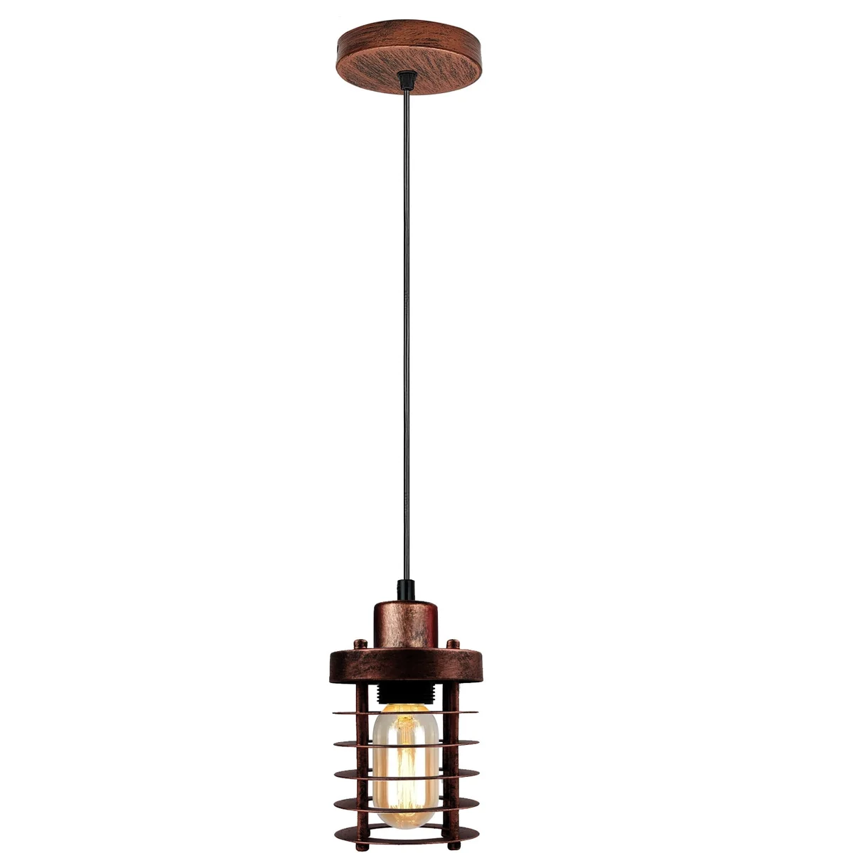 Rustic red metal cage pendant lamp hanging from steel cord, a dimable indoor pendant light.