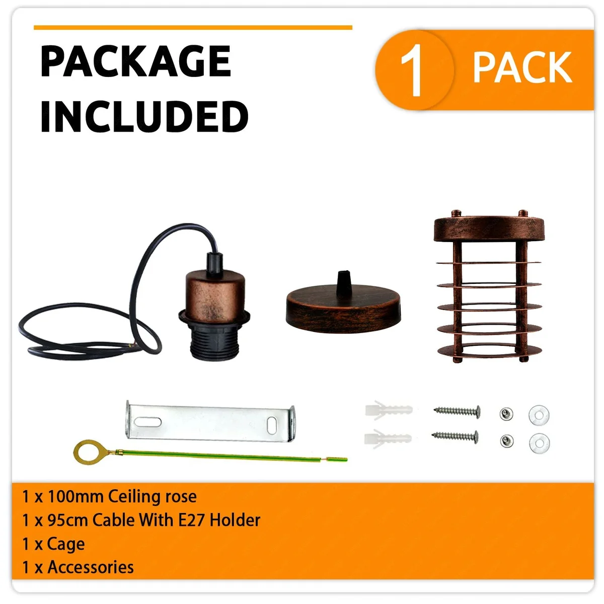 Rustic red E27 bulb pendant lamp featuring a metal cage, PVC base, 95cm cord, vintage style lighting.