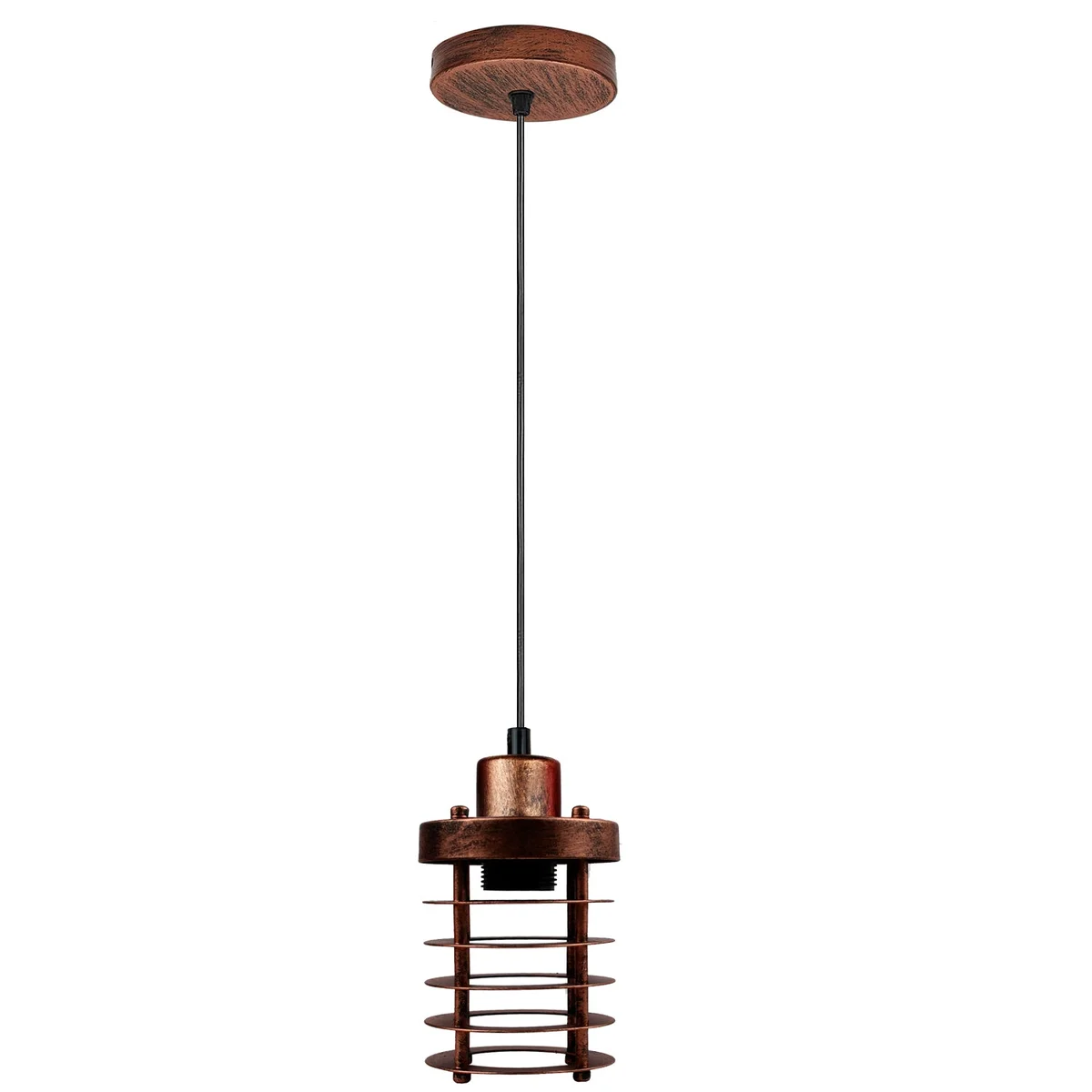 Rustic red cage pendant light with round base, metal and PVC frame, hanging from 95cm cord