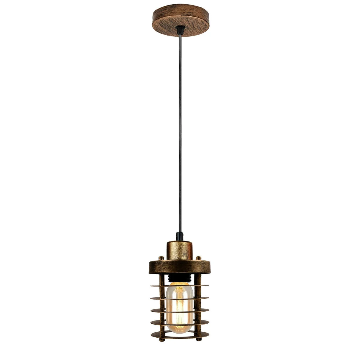 Brushed copper retro pendant light with round cage base and adjustable cable
