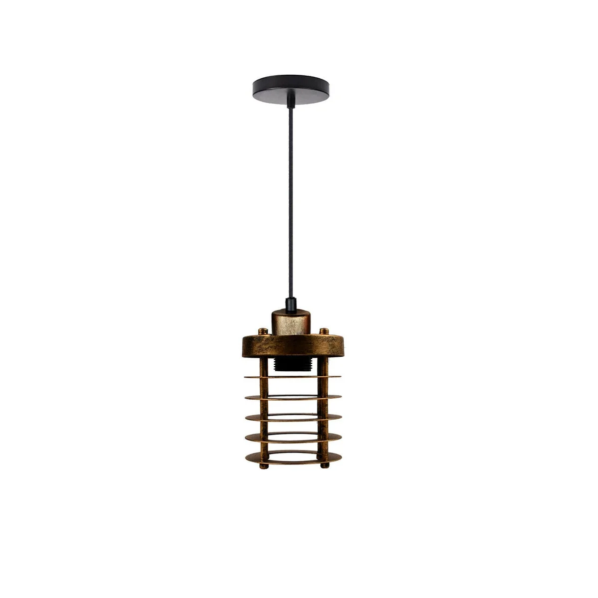 Vintage ceiling light, brushed copper cage pendant with adjustable cable, round design.