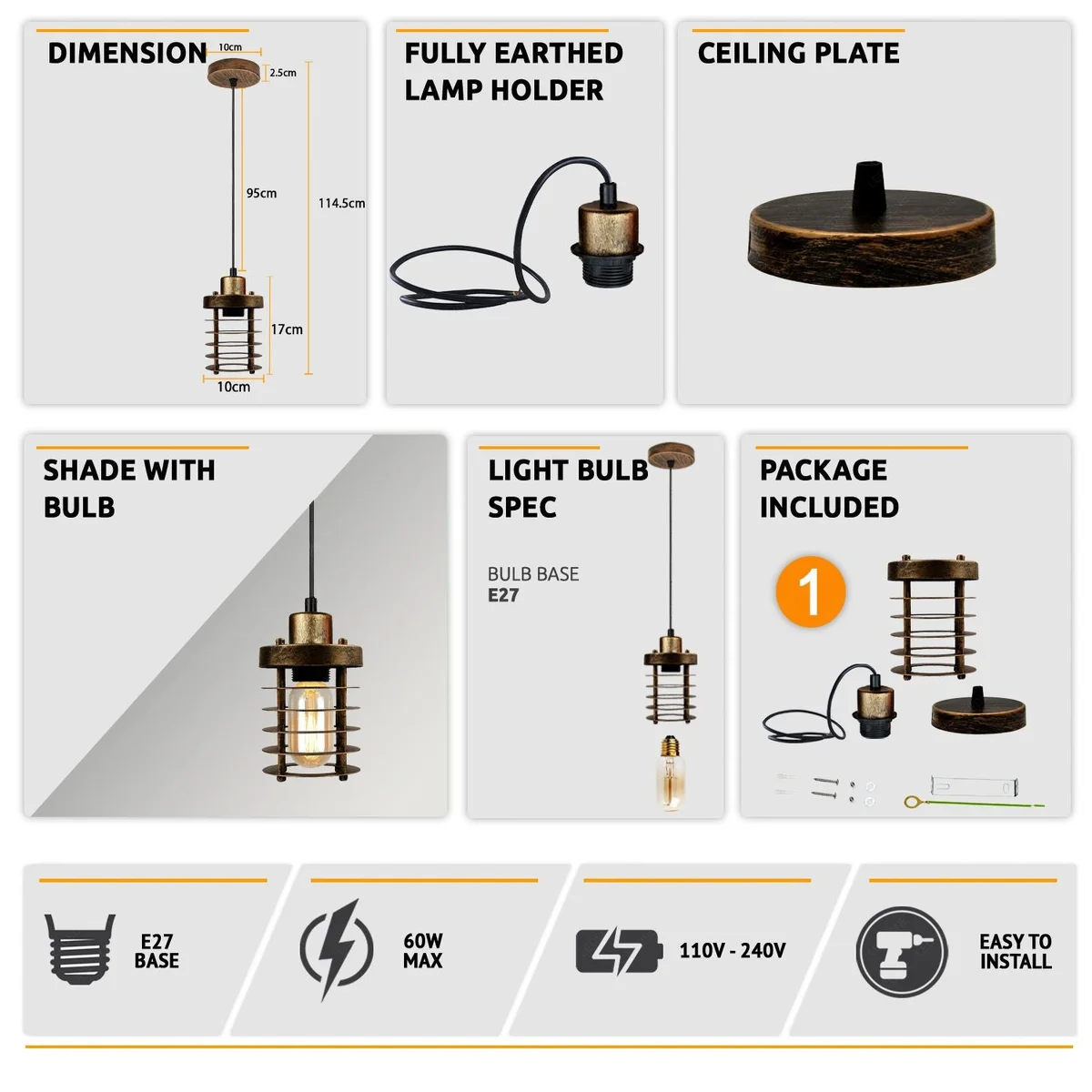 E27 bulb pendant with brushed copper cage, metal base and adjustable 95cm cable, vintage retro style.