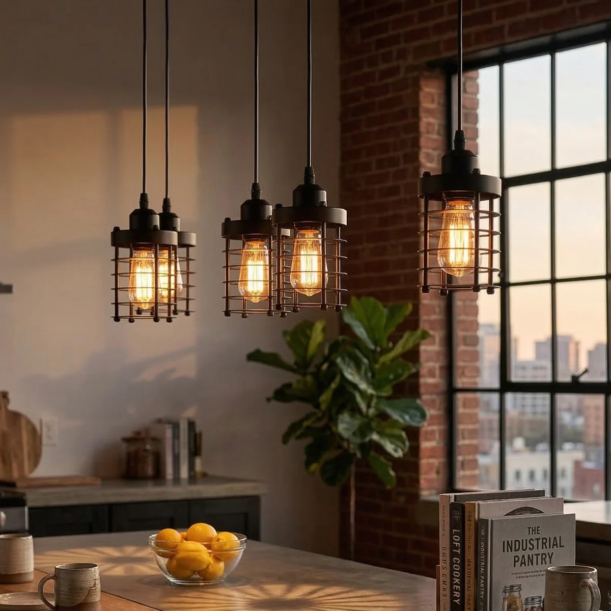 Industrial pendant light with black metal cage and stepped design, mid‑height hung on 95 cm cable.