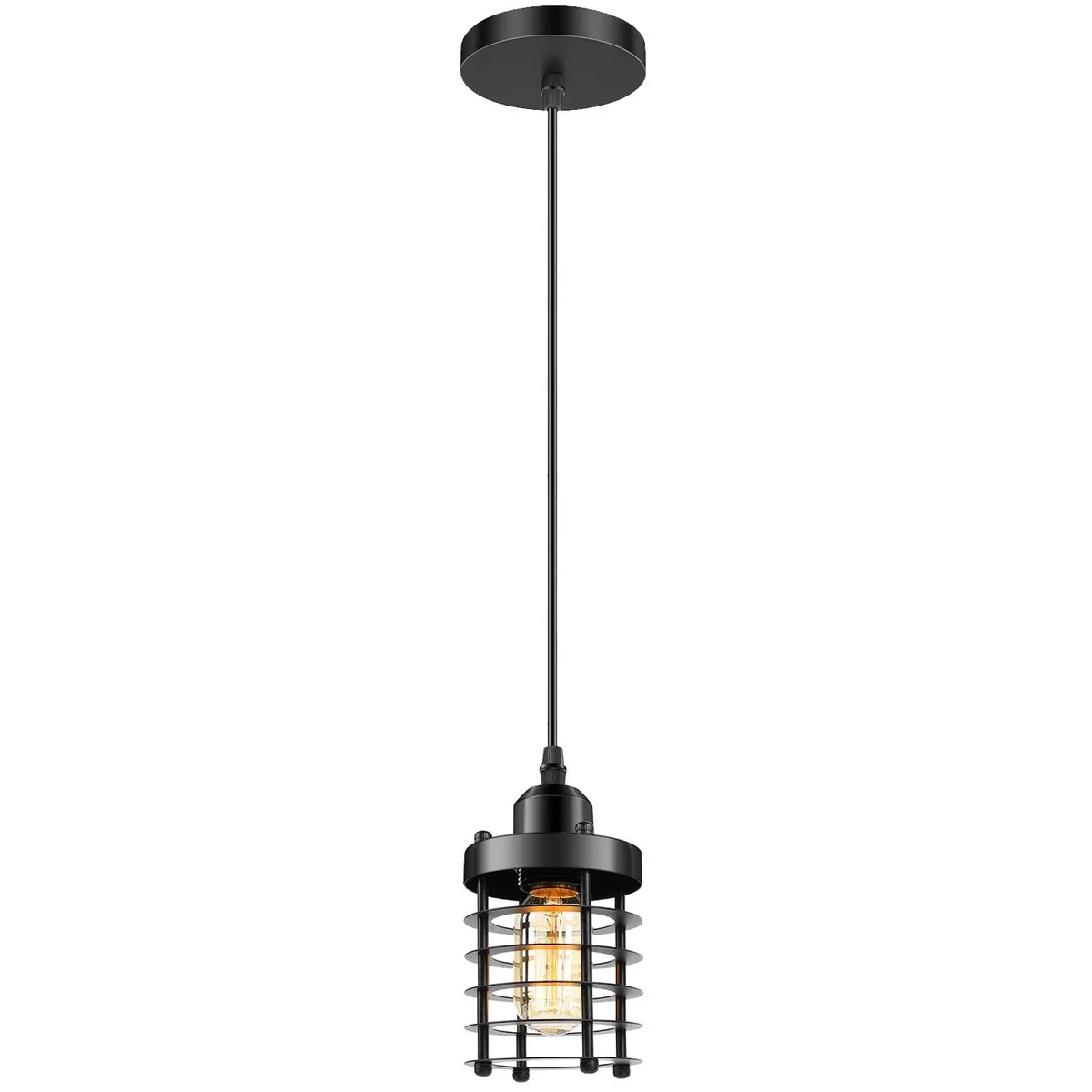 Vintage loft pendant with black metal stepped cage, E27 socket, 95cm adjustable cable, matte finish, ready for dimmer