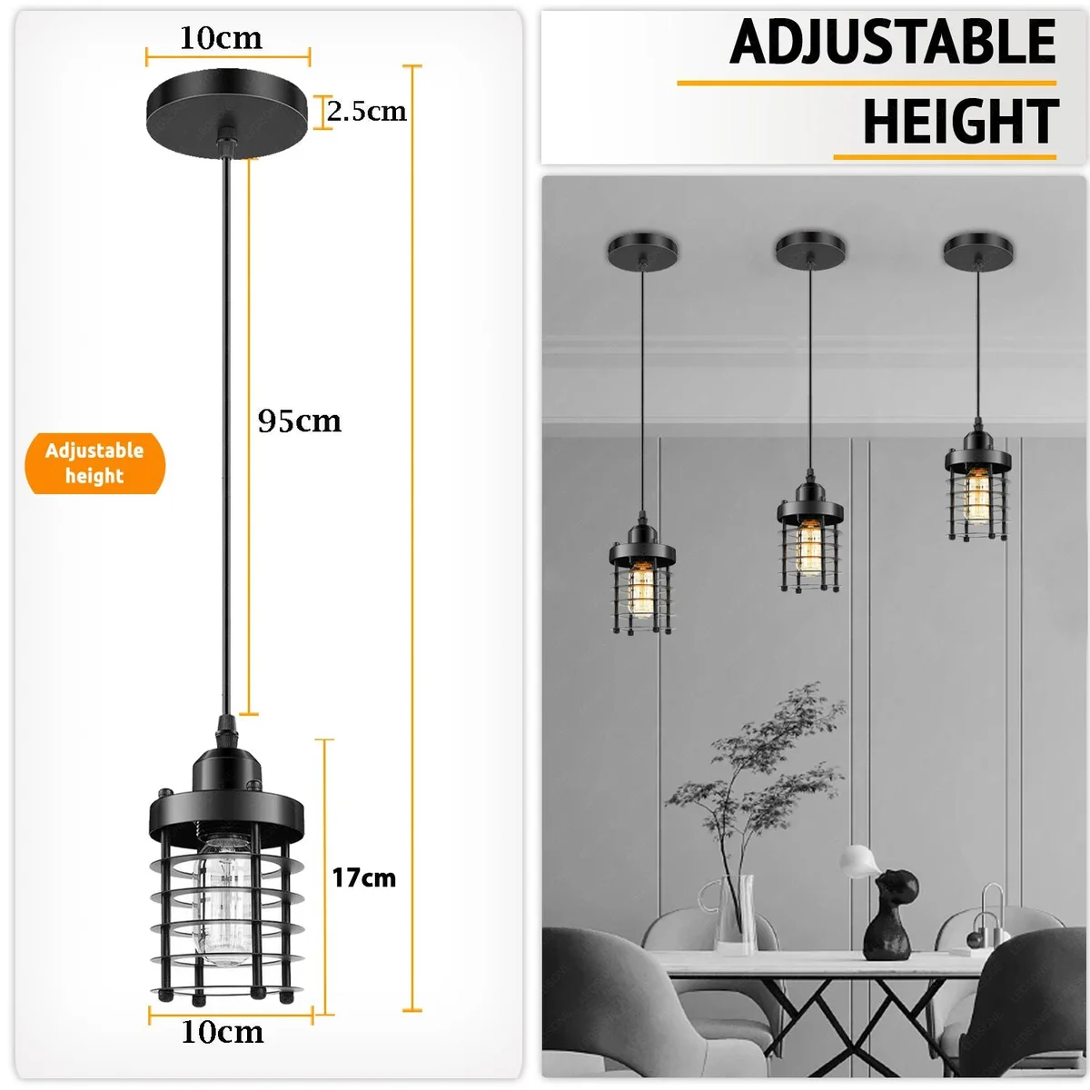 Adjustable cable pendant light featuring a black metal stepped cage shade and E27 lamp holder, hanging from the ceiling.
