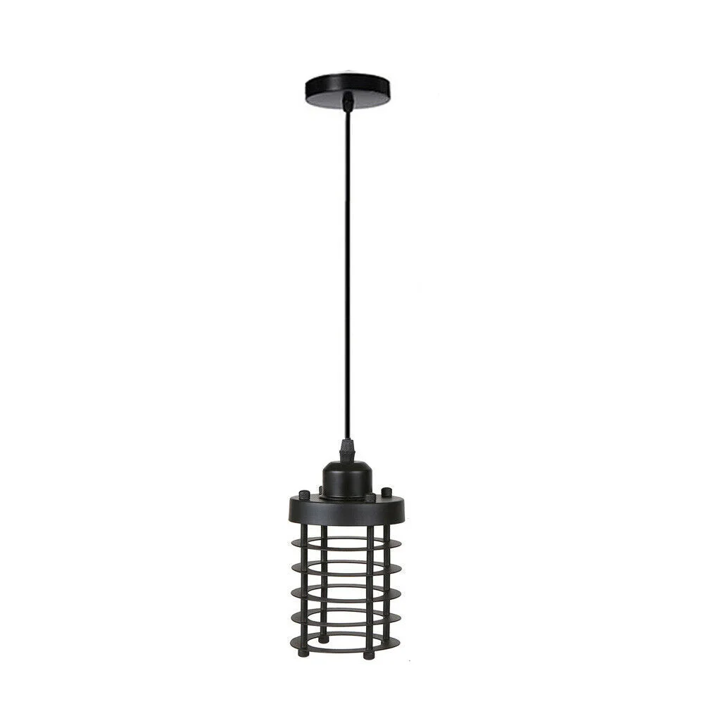 Industrial pendant light with matte black metal cage and adjustable 95cm cable.
