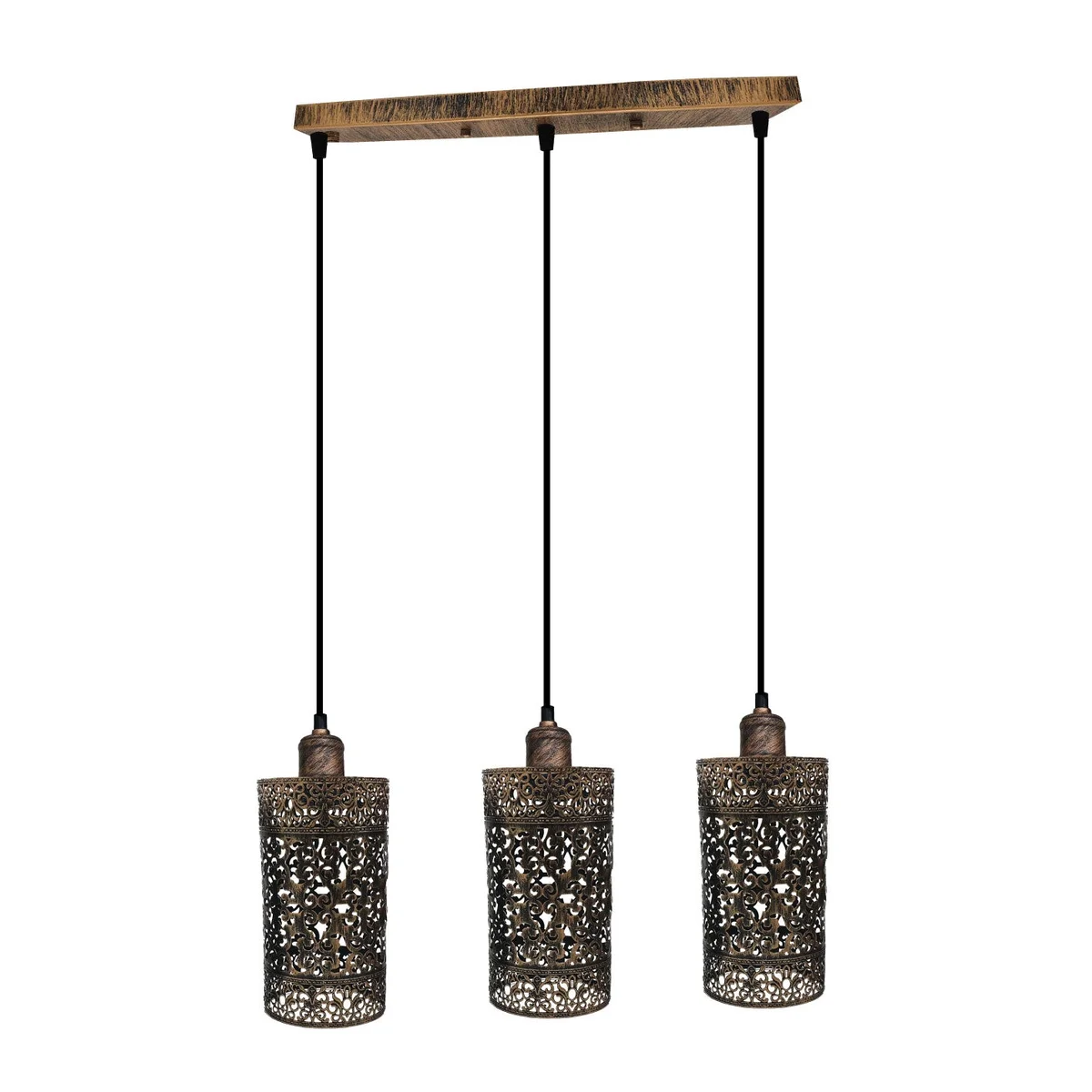 Retro drum pendant with brushed copper metal cage, rectangular drum shape, three E27 lamp holders, 24cm high
