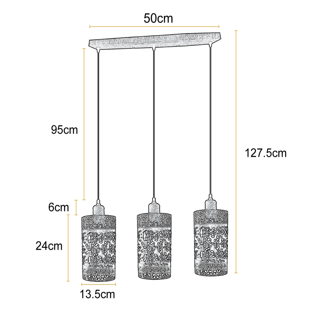 Brushed copper 3 way pendant lamp kit with metal barrel cage, adjustable cord, E27 holders.