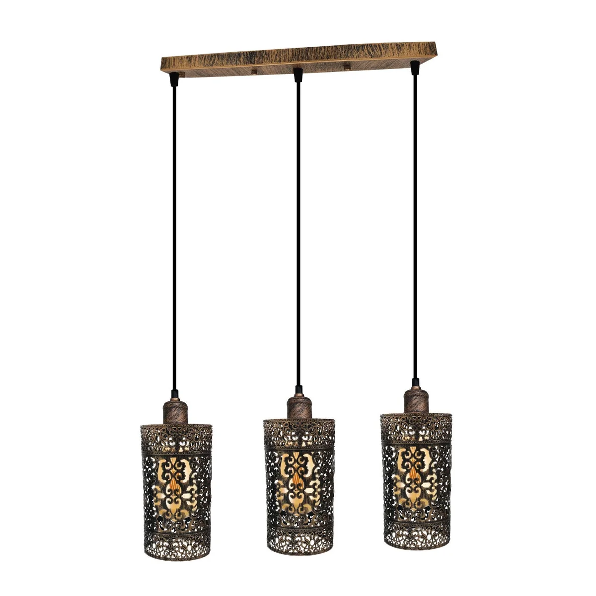 Three adjustable pendant lamps in brushed copper, with metal cage and cable, dimmable pendant light, vintage style.
