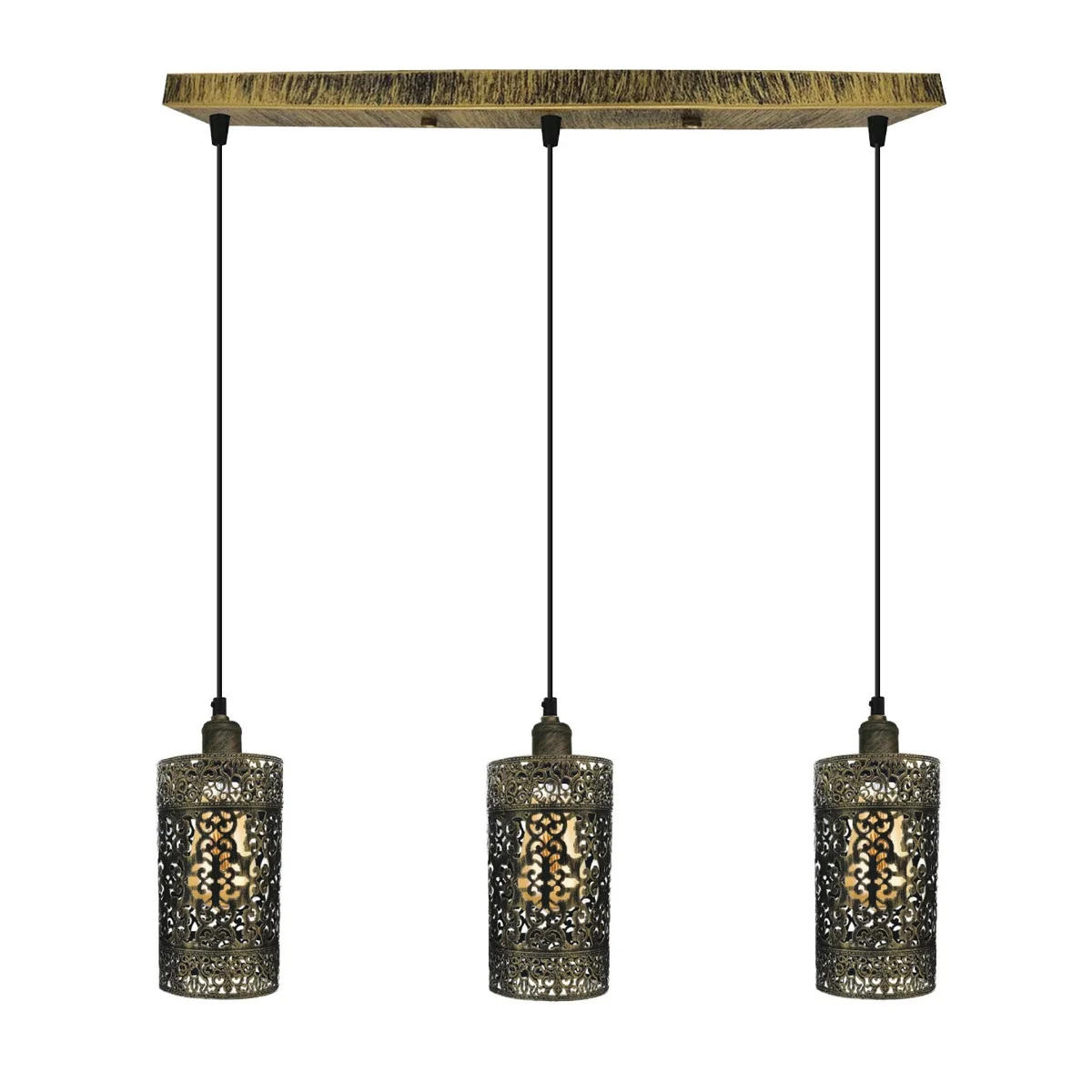 Three brushed copper metal pendant lamps with 95cm cords, hanging from a ceiling rose, matching an E27 pendant light.