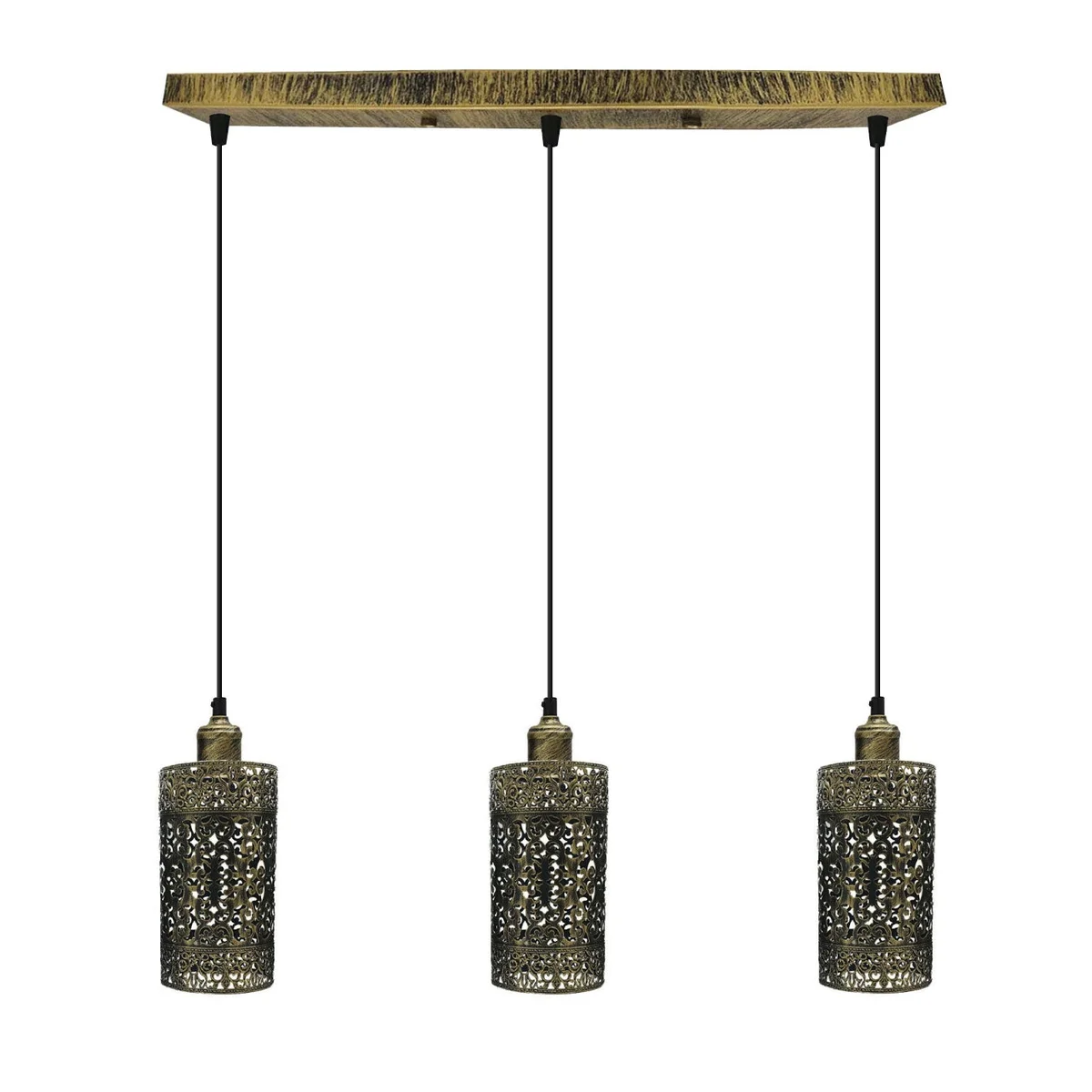 metal pendant light kit with three filament bulbs, adjustable 95cm cable, brushed copper finish