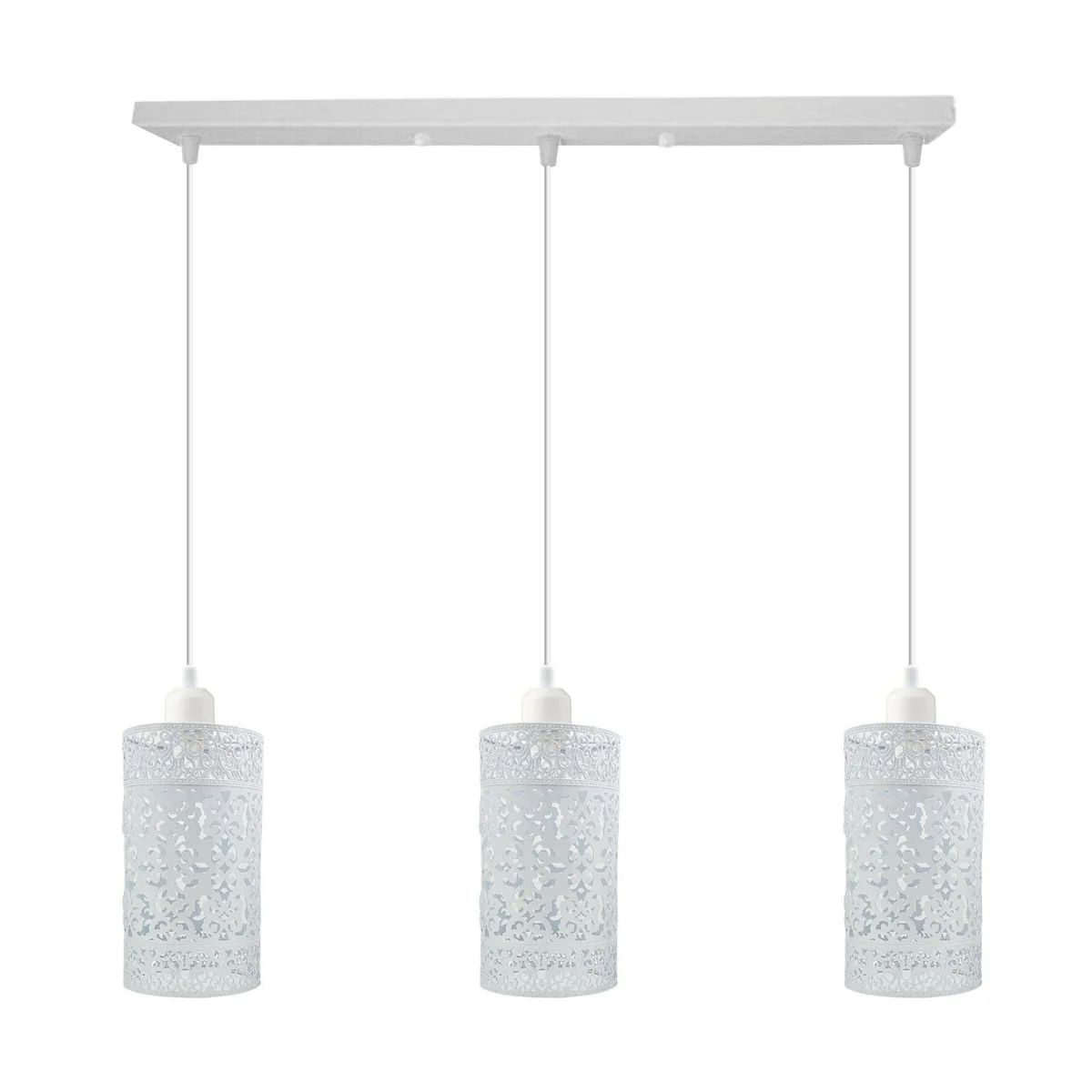 3 light pendant ceiling light with brushed copper and rustic red metal cages hanging from a ceiling in a kitchen.