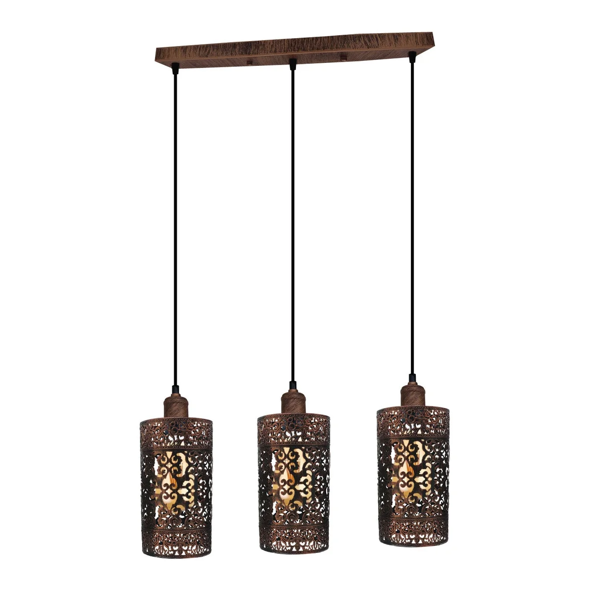 3 light pendant ceiling light in brushed copper with three filament retro bulbs, metal barrel cage, length 95cm