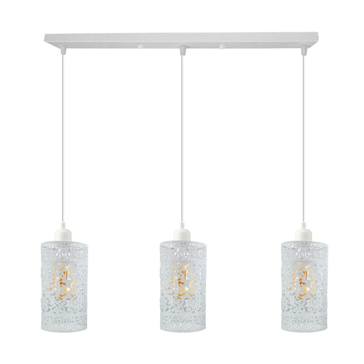 White metal cage vintage pendant light with three filament bulbs, rectangular drum shade, adjustable 95cm cable.