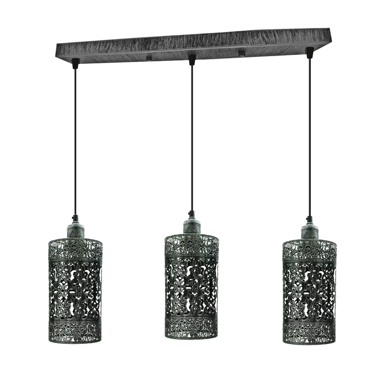 Industrial ceiling light featuring a vintage rect. cage in brushed silver with 3 E27 bulb holders and 95cm adjustable cord