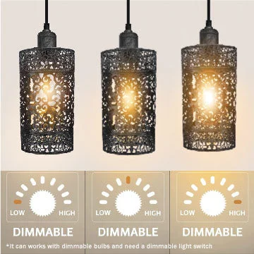Brushed silver E27 pendant light kit with three metal barrel cages hanging 95cm above ceiling.