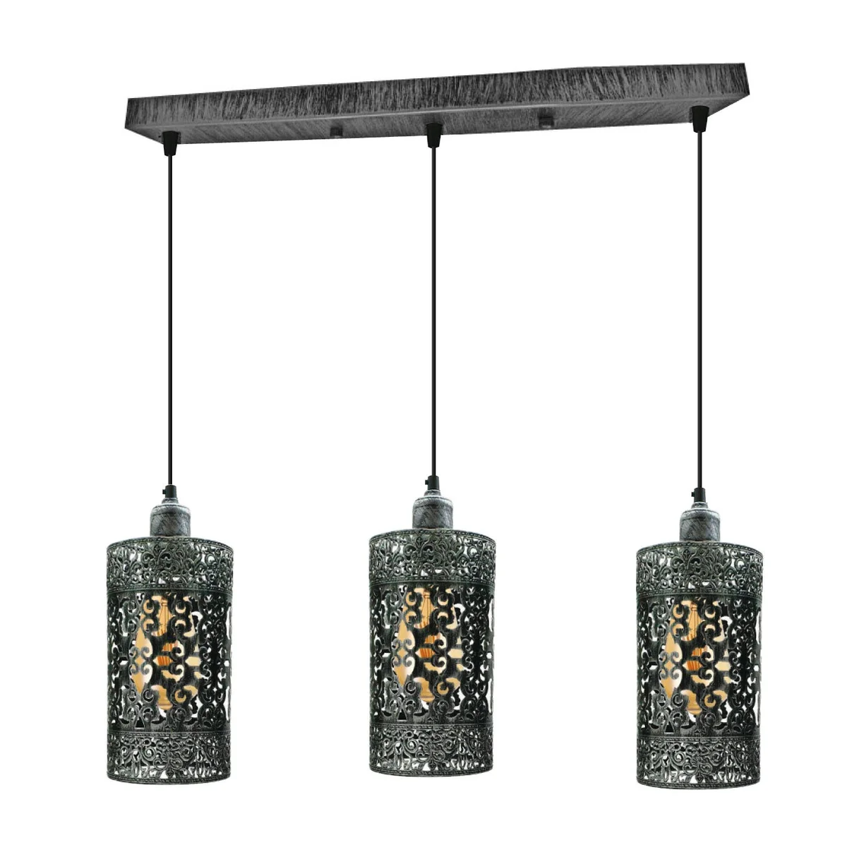 Vintage pendant light in brushed silver metal cage, three rectangular drum lamps, dimmable, metal & PVC frame.