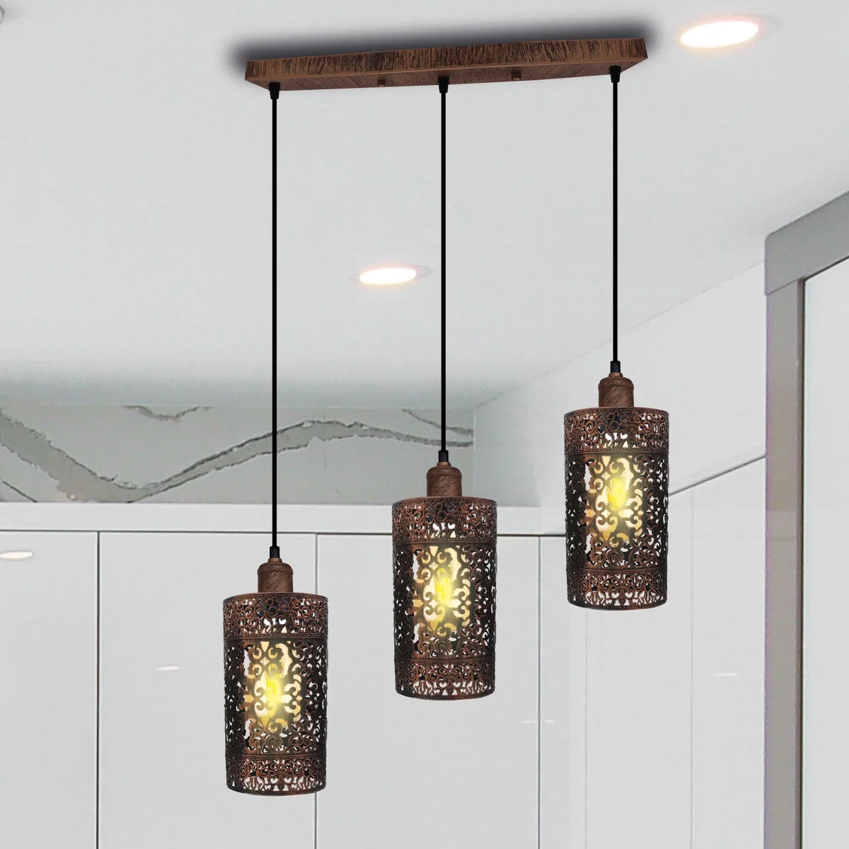 Vintage cage pendant light with rectangular drum, metal cage, rustic red finish, 3 sockets, Edison bulbs.