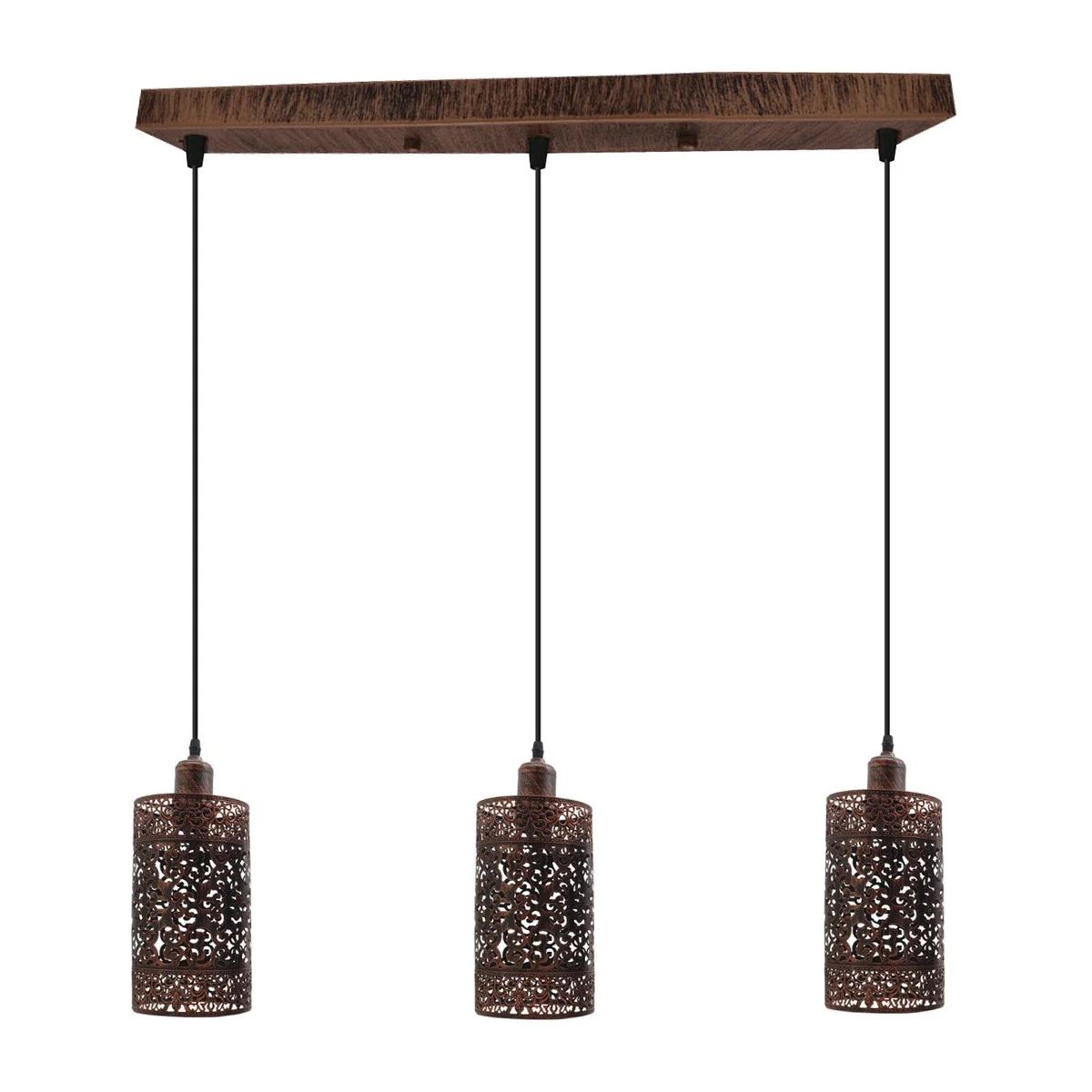 Rustic red 3 way pendant light with metal cage and rectangular drum shade