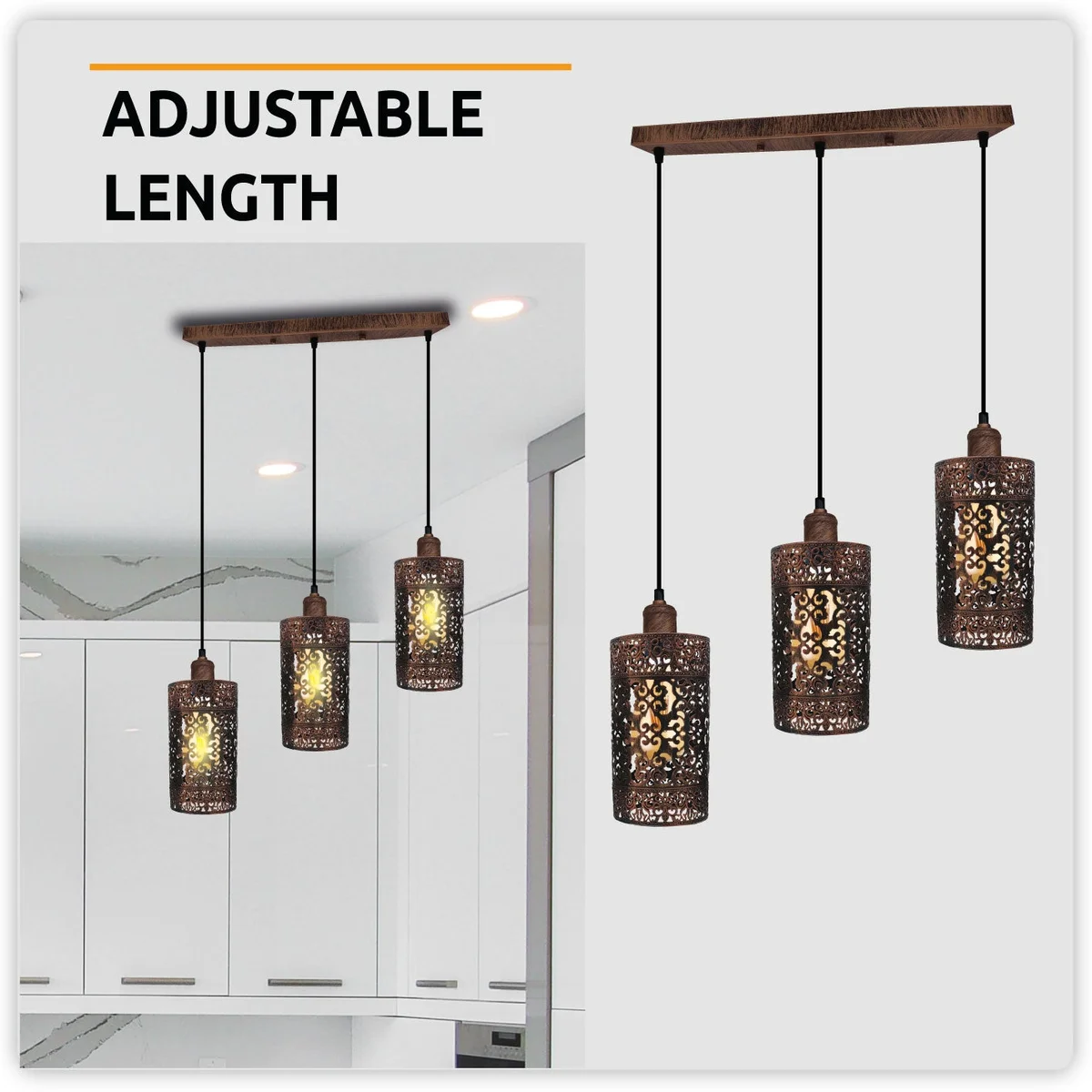 Industrial 3‑way rustic red rectangular drum E27 bulb pendant light with metal cage, 3 sockets, open design for filament bulbs.