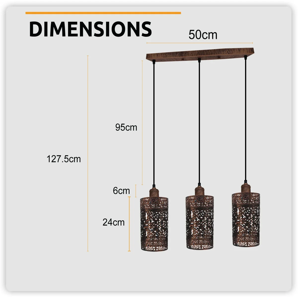 Rustic red adjustable cable pendant light with metal cage and three E27 sockets, rectangular drum shade.
