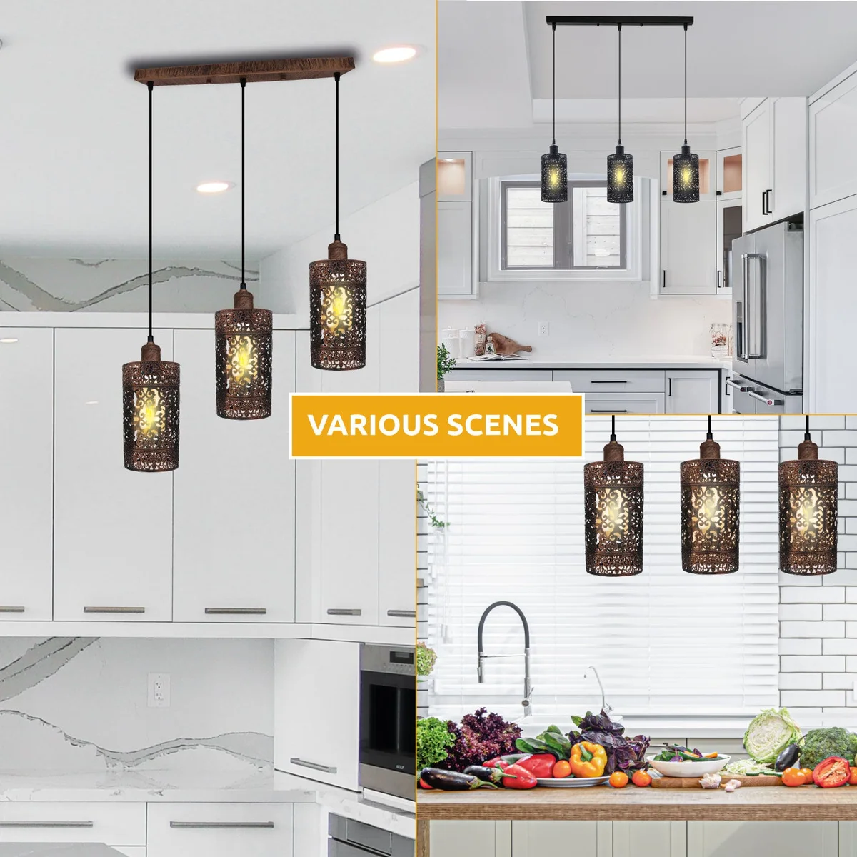 Industrial vintage cage pendant light with rectangular drum metal cage in rustic red, three E27 sockets, hanging 95cm.