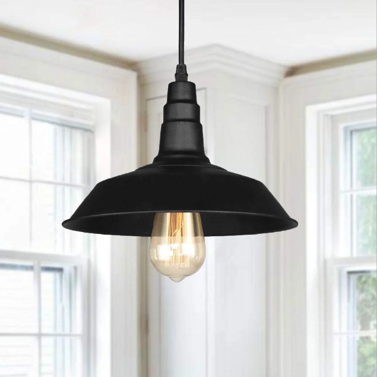 E27 pendant light in brushed silver vintage style, metal body and PVC shade, hanging with 95cm wire, slotted shape.