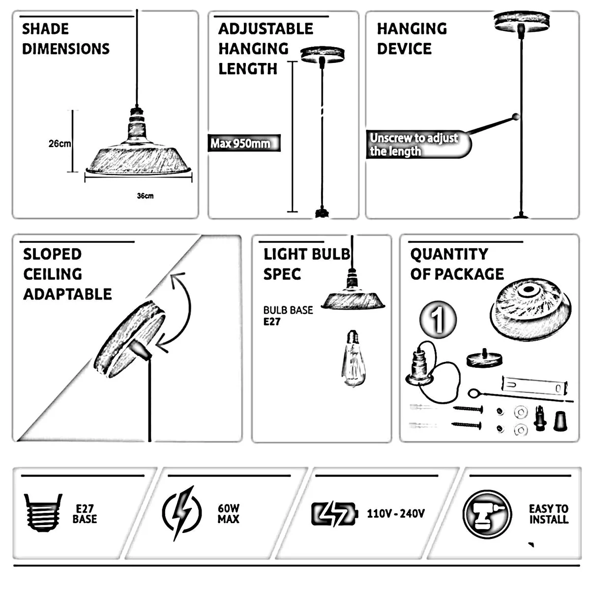 Vintage metal slotted pendant lamp in brushed copper with adjustable 95cm cable and matching shade, ideal for indoor use.