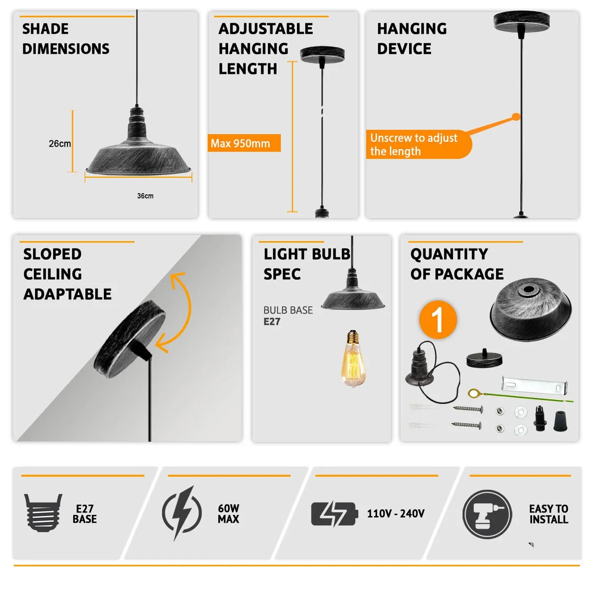 Vintage pendant ceiling light with brushed silver metal body, 95cm hanging cable, dimmable and stylish.