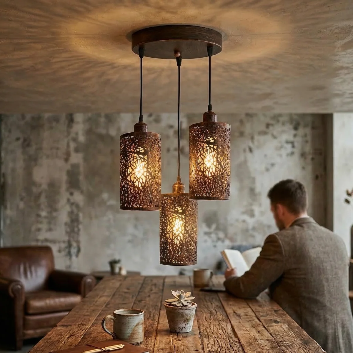 Industrial pendant light with three metal barrel cage shades hanging from a brushed metal rose, 95cm adjustable cable.