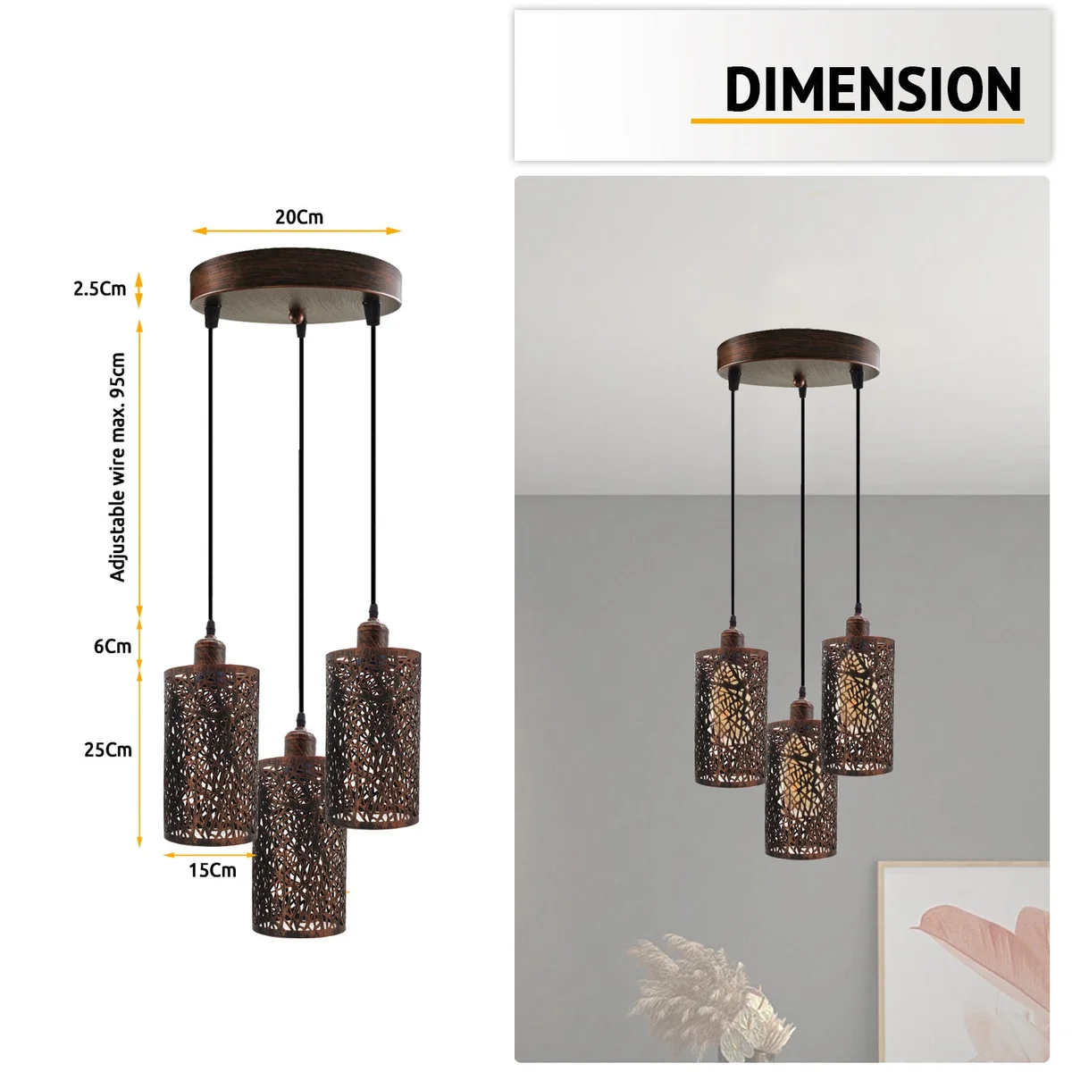 Three metal barrel cage shades hanging from a brushed metal ceiling rose, forming a vintage pendant lighting set