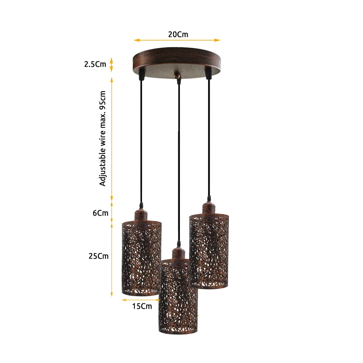 Vintage 3‑way pendant light with three metal barrel cage shades hanging from a brushed metal rose, warm glow for kitchen.